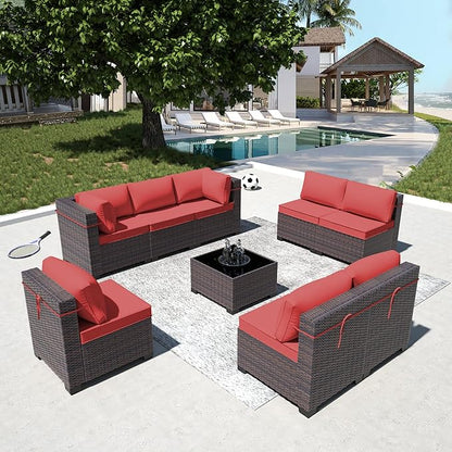 Outdoor Patio Furniture Set, 9 Pieces Outdoor Furniture All Weather Patio Sectional Sofa PE Wicker Modular Conversation Sets with Coffee Table,8 Chairs & Seat Clips(Red)