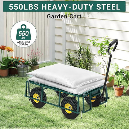 Heavy Duty Garden Cart On Wheels - 550LBS Metal Wagon with 10" Pneumatic Wheels, 180° Rotating Handle & Removable Sides - All-Terrain Yard Wagon for Farm, Beach & Outdoor Use