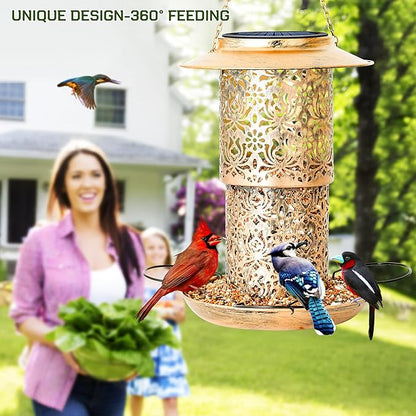 XDW-GIFTS Bird Feeder for Outdoors Solar Hanging Bird Feeder Bird House with Cardinal Feeder Large Capacity Metal Wild Bird Feeder for Garden Decor Unique Gifts & Patio Decor (Bronze, 10.5 INCH)