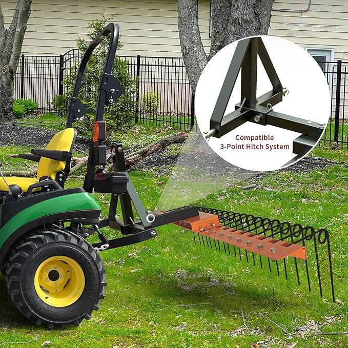 5FT Durable Pine Straw Rake Steel Spring Landscape Rake Fits 2" Receiver for Lawn Tractors or ATV/UTV Orange