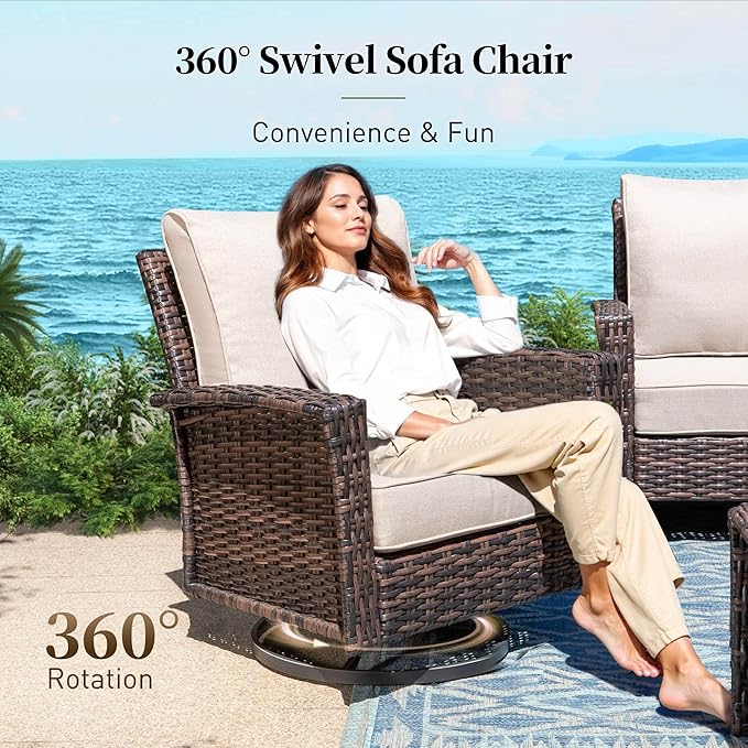 5 Pieces Patio Furniture Set with Swivel Chairs, High Back Wicker Rattan Sofa with Extra Thick Cushion and Ottoman, Outdoor Conversation Set for Garden Backyard Deck,Beige