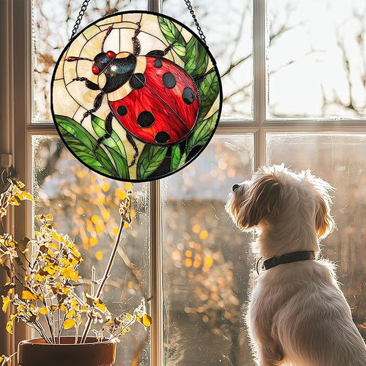 Stained Glass Window Hanging - Red Seven-Spotted Ladybug Sun Catcher for Door Home Decor Insect Suncatcher Christmas Mother's Day Birthday Gifts for Women Men Mom Nana 7.8 in