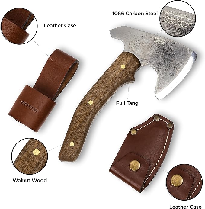 BPS Knives Bushcraft Axe with Leather Sheath - Full Tang Camping Axe - Survival Carbon Steel Hatchet - Small Wood Carving Axe - Camping Axe for Chopping Wood and Gardening