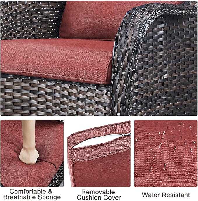 HUMMUH 7 Pieces Patio Furniture Set with Fire Pit Table Outdoor Conversation Set PE Wicker Patio Couch Swivel Glider Chairs Ottomans for Balcony Garden,Lawn,Deck