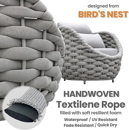 2 PCS Patio Deck Accent Chair: Large Woven Rope Chair Cushioned - Aluminum Modern Single Lounge Armchair Assembled - All Weather Outdoor Seating for 400lbs Lanai Balcony Porch Garden Hotel, Gray