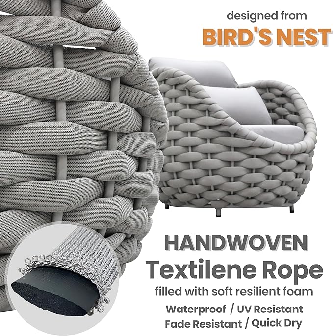 6 PCS Patio Deck Accent Chair: Large Woven Rope Chair Cushioned - Aluminum Modern Single Lounge Armchair Assembled - All Weather Outdoor Seating for 400lbs Lanai Balcony Porch Garden Hotel, Gray