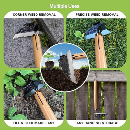 AON All-Purpose Japanese Weeding Sickle & Razor Hand Hoe, Forged Steel Weed Puller Tool with Sharp Edge & 4-Tine for Digging, Weeding, Uprooting in Vegetable Gardening, Backyard or Raised Garden Beds