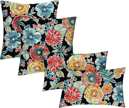 RSH DECOR: Lumbar & Square Throw Pillows Set of 4 | 20" x 12" & 17" x 17" | All-Weather Spun Fabric | Water and Fade-Resistant | Outdoor Accent Pillows for Patio Furniture | Colsen Noir