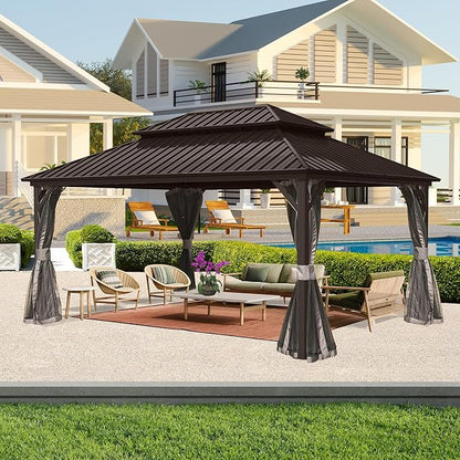 Domi Hardtop Gazebo 10x14FT, Aluminum Outdoor Gazebo with Galvanized Steel Double Roof Canopy, Curtains and Netting Included, Metal Gazebo Permanent Pavilion for Patio, Lawn, Garden, Brown