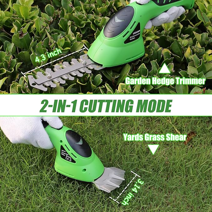 Lichamp 2-in-1 Electric Hand Held Grass Shear Hedge Trimmer Shrubbery Clipper Cordless Battery Powered Rechargeable for Garden and Lawn, CGS-3602 Grass Green