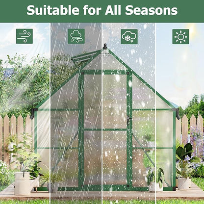 8x10 FT Outdoor Greenhouse, Polycarbonate Greenhouse with Roof Vent and Ground Nails, Aluminum Large Walk-in Green House w/Lockable Push Door for Outside Garden Backyard (Green, 8x10 FT)