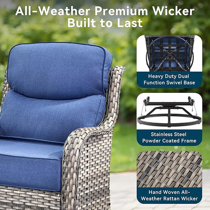 Luxury High Back Outdoor Furniture with 6-Inch Thick Cushions, Patio Furniture Set with Swivel Chairs, 6 PCS Wicker Conversation Set for Porch, Balcony, Deck and Yard