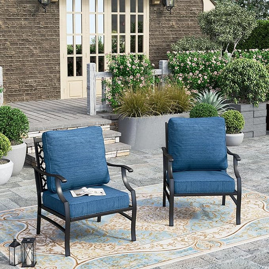 HERA'S HOUSE Outdoor Chairs Set of 2, 2 x Patio Chair with Pacific Blue Cushions, All Weather Outdoor Furniture for Lawn Garden Backyard Deck(Leg Chairs)
