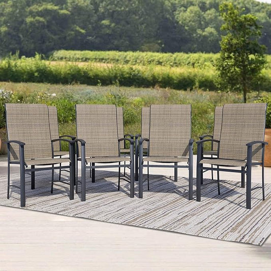 Outdoor Dining Chairs Set of 8, Stackable Patio Chairs with Metal Frame & Textilene Fabric, Perfect for Patio Garden Deck, Mocha