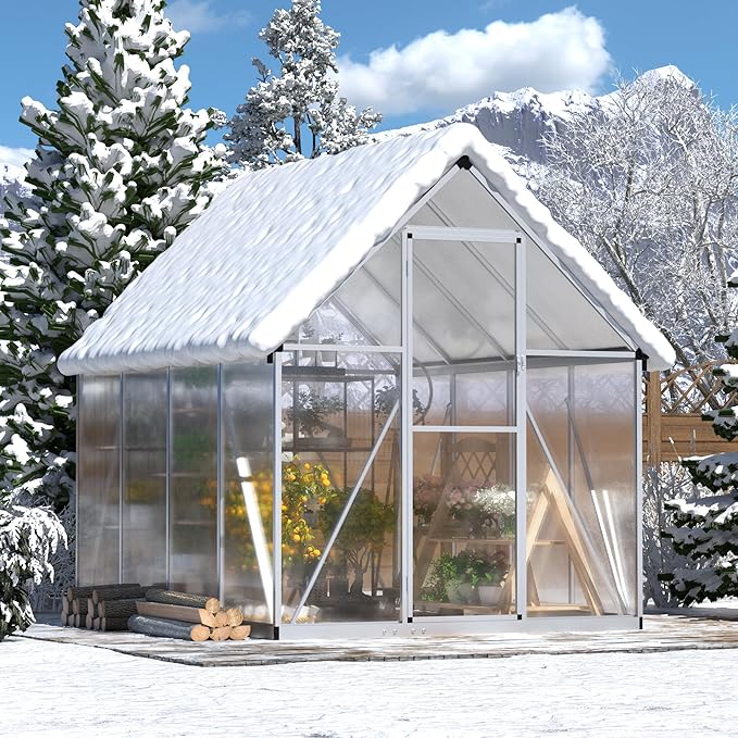 6x8 FT Greenhouse for Outdoors, Polycarbonate Green House with Quick Assembly Structure and Roof Vent, Large Aluminum Walk-in Green House for Outside Garden Backyard, Silver