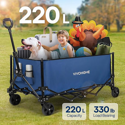 VIVOHOME Collapsible Wagon Carts, 330lbs 220L Utility Heavy Duty Foldable Wagons with Universal Wheels, Cup Holders & Side Pocket, Adjustable Handle, for Camping, Garden, Sports, Picnic, Shopping