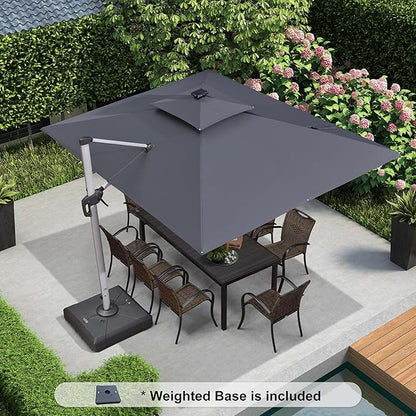 PURPLE LEAF 9' X 12' Solar Powered LED Rectangle Cantilever Umbrella With Base Patio Umbrellas Windproof Hanging Umbrella Outdoor Umbrellas, Grey