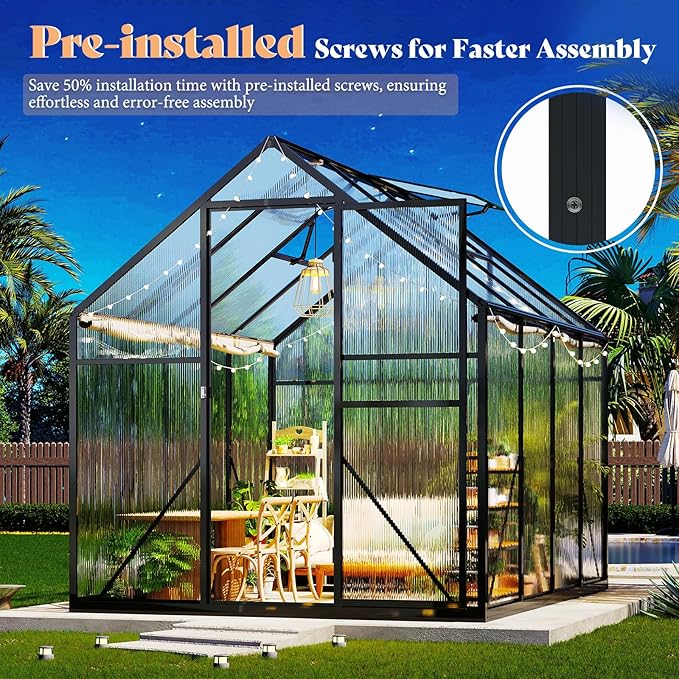 Amerlife 6x12x6.3 FT Ft Polycarbonate Greenhouse for Outdoors, Walk-in Design with Aluminum Frame, 2 Windows and Swing Door, Heavy-Duty Greenhouse Construction for Garden, Black