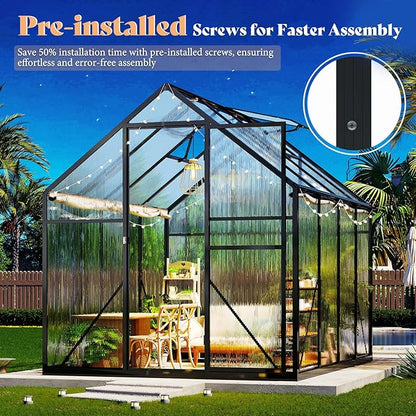 Amerlife 6x12x6.3 FT Ft Polycarbonate Greenhouse for Outdoors, Walk-in Design with Aluminum Frame, 2 Windows and Swing Door, Heavy-Duty Greenhouse Construction for Garden, Black