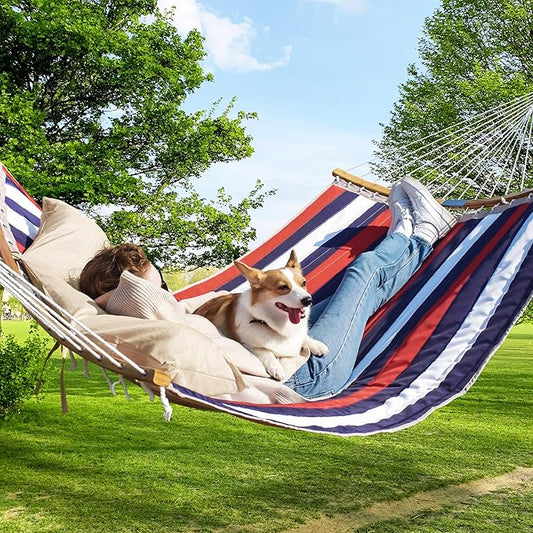 Double Hammock, 11 FT Quilted Fabric 2 Person Hammock for Outside with Pillow, Folding Curved Spreader Bar, Chains, Carrying Bag, Indoor Outdoor, 450 IB Capacity, Trinidad Red