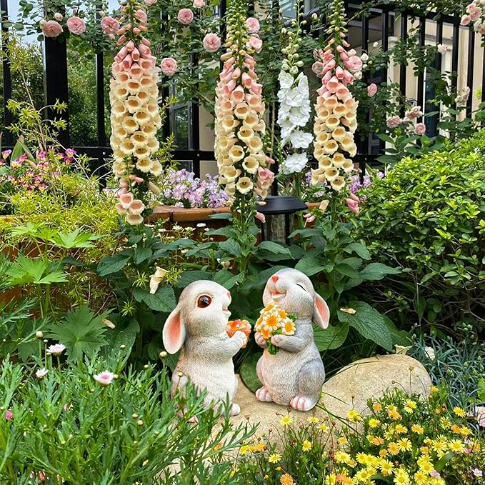 Solar Rabbit Garden Statues Outdoor Bunny Decor Resin Rabbit Figurine Holding Sunflower with LED Lights for Proch Patio Lawn Yard Christmas Birthday Gardening Gifts for Mom Women