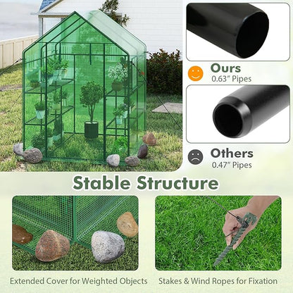 Happygrill Walk-in Greenhouse, Portable Greenhouses for Outdoors w/8 Shelves, Roll-Up Zippered Door, 2 Observation Windows & 2 Tiers, Weather-Proof PE Cover, Wind Rope Included, 57”L x 57”W x 77”H