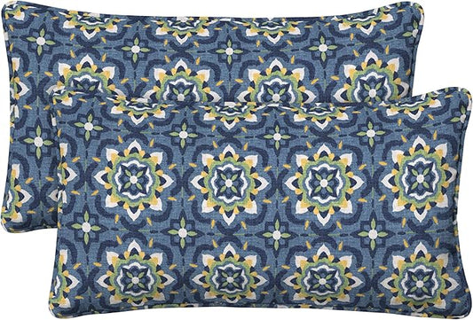 Honeycomb Outdoor Lumbar Toss Pillow Set, 22" W x 12" L, Medina Medallion Blue Lumbar Outdoor Pillows