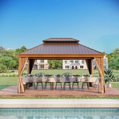 12' X 16' Hardtop Gazebo, Aluminum Wood-Looking Frame Outdoor Permanent Galvanized Steel Double Roof Pavilion Pergola Canopy with Privacy Curtains for Garden, Patio, Backyard, Deck and Lawns.