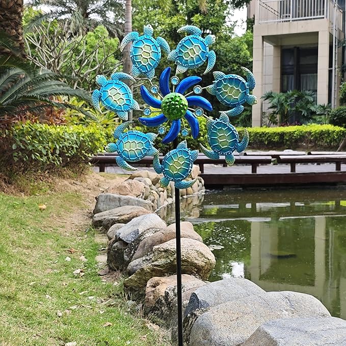 Green Sea Turtle Wind Spinners Garden Stake, 39" Turtles Wind Spinner Outdoor Decorations- Metal Outside Lawn Stake Wind Sculptures for Yard Patio,Lawn & Garden Art Decor