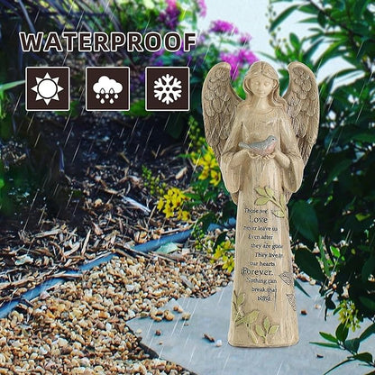 DUSVALLY Angel Statue, Memory Guardian Garden Decor, 10" H Waterproof Outdoor Angel Figurine Sculpture for Lawn & Yard (Praying, Holding The Bird)