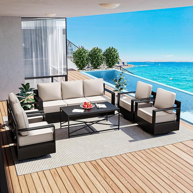 Outdoor Patio Furniture Set, 6-Piece Aluminum Patio Conversation Set All-Weather Metal Outdoor Sectional with 6 Inch Thick Cushions, Deep Setting for Garden, Outside and Porch