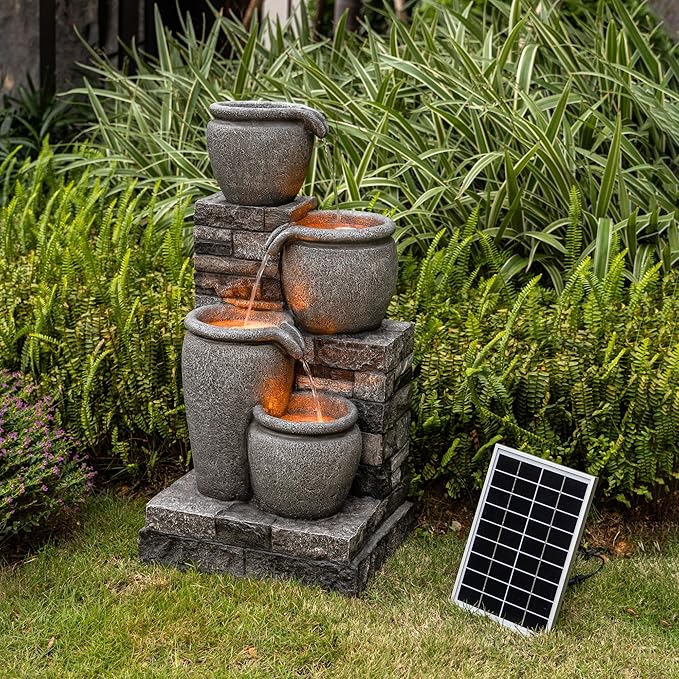 Teamson Home 30.7" 4-Tier Cascading Bowl Solar Powered Water Fountain for Outdoor Living Spaces, Gray