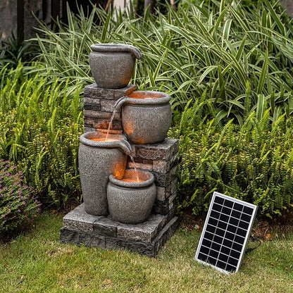 Teamson Home 30.7" 4-Tier Cascading Bowl Solar Powered Water Fountain for Outdoor Living Spaces, Gray
