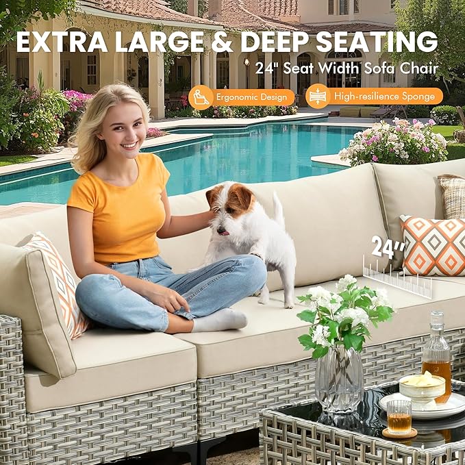 Outdoor Sectional Patio Furniture Set with Fire Pit Table and Swivel Rocking Chairs,11 Pieces Wicker Conversation Sets L Shaped Couch Out Door Sofa Outside Furniture for Garden Deck Yard,Beige