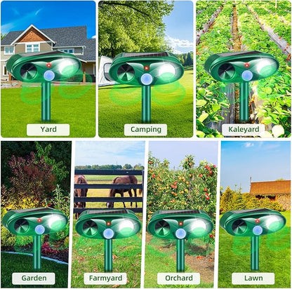 4 Pack Solar Ultrasonic Animal Repellent Outdoor Squirrel Raccoon Fortress Pro,Cat Deer Repellent with Motion Sensor & Strobe Light,Waterproof Dog Rabbit Deterrent for Garden Yard