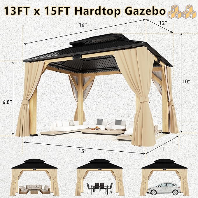 13'x 15' Outdoor Wooden Gazebo, Patio Hardtop Gazebos with Double Roof, Double Galvanized Steel Hardtop Roof Wood Frame with Netting and Curtains (13'x 15')