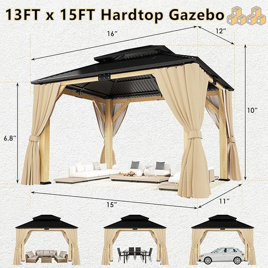 13'x 15' Outdoor Wooden Gazebo, Patio Hardtop Gazebos with Double Roof, Double Galvanized Steel Hardtop Roof Wood Frame with Netting and Curtains (13'x 15')