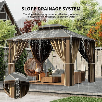 Kingdura Hardtop Gazebo 10'x12' with Double Polycarbonate Roof Canopy, Outdoor Gazebo with All-Weather Resistant Aluminum Frame Permanent Pavilion, UV Blocking for Patio Lawn Garden (Brown)