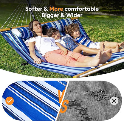 Double Hammock with Spreader Bar,Soft Pillow,Max Load 500lbs,Portable Hammock for Outdoor,Camping,and Backyard,Aqua Blue