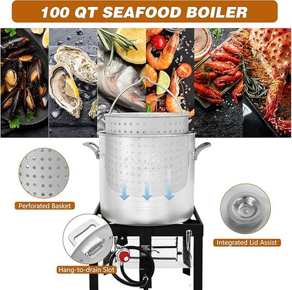 Creole Feast SBK1001 100 Qt Seafood Boiling Kit with Strainer, Outdoor Seafood Boil Pot and Basket with 100,000 BTUs Propane Burner and 10 PSI Regulator, Black & Silver