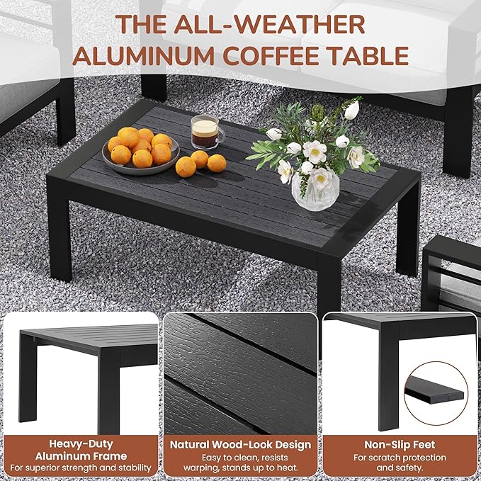 Solaste Outdoor Aluminum Furniture Set - 4 Pieces Patio Sectional Chat Sofa Conversation Set with Table,Black Frame and Grey Cushion