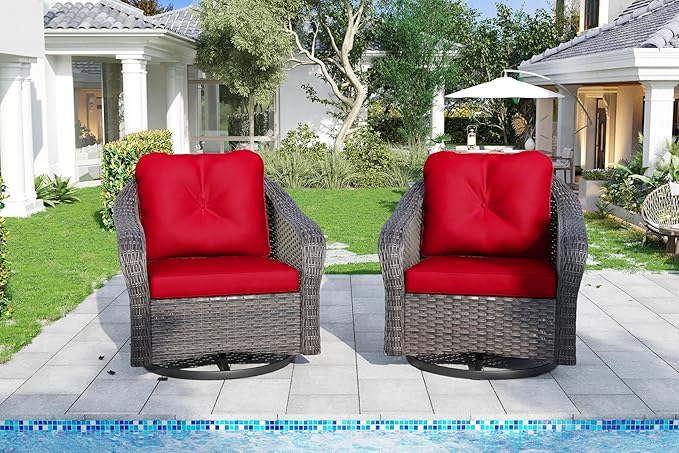 Wicker Swivel Rocking Chairs Set 2, Outdoor Brown Wicker Swivel Glider Chair Outdoor Rocking Chair with Water-Resistant Cushions, Red