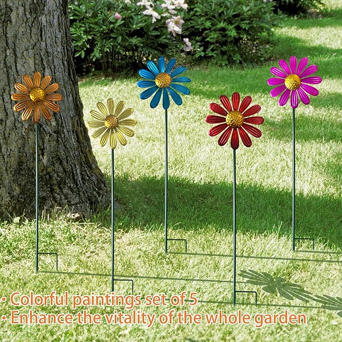 5pcs Wind Spinners Metal Colorful Flowers Garden Stake, Small Daisy Pinwheels, 27" Windmill for Yard Decor, Lawn Ornaments Outdoor Garden Décor, Metal Yard Art, Christmas Decoration Gift