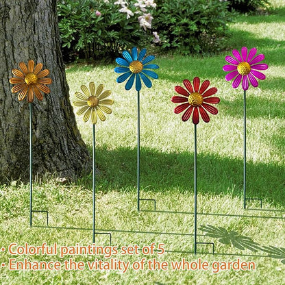 5pcs Wind Spinners Metal Colorful Flowers Garden Stake, Small Daisy Pinwheels, 27" Windmill for Yard Decor, Lawn Ornaments Outdoor Garden Décor, Metal Yard Art, Christmas Decoration Gift