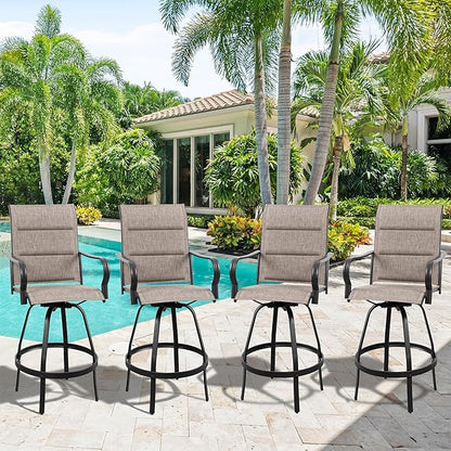 Vongrasig 4 Piece Outdoor Patio Swivel Bar Chairs, All Weather Padded Sling Textile High Top Bar Stools, Bistro Set for Backyard, Lawn Garden, Balcony, Gray