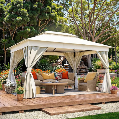 LAUSAINT HOME Outdoor Patio Gazebo 10'x13' with Expansion Bolts, Heavy Duty Gazebos Shelter Party Tent with Double Roofs, Mosquito Nettings and Privacy Screens for Backyard, Garden, Lawn, Cream White