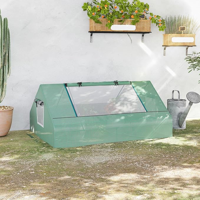 Outsunny 71" x 55" x 32" Mini Greenhouse, Small Green House, Garden Planting Shed, Outdoor Flower Planter Warm House with Zipper Windows and Door, Green