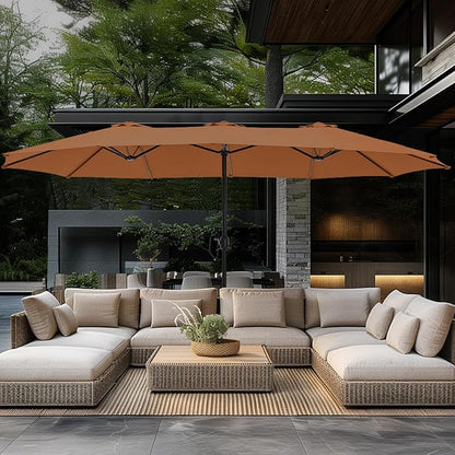 GREEN PARTY 15 ft Rectangle Patio Umbrella with Base Included, Double-Sided Table Umbrella with Crank, Large Outdoor Umbrellas for Patio Poolside Garden Backyard, Tawny