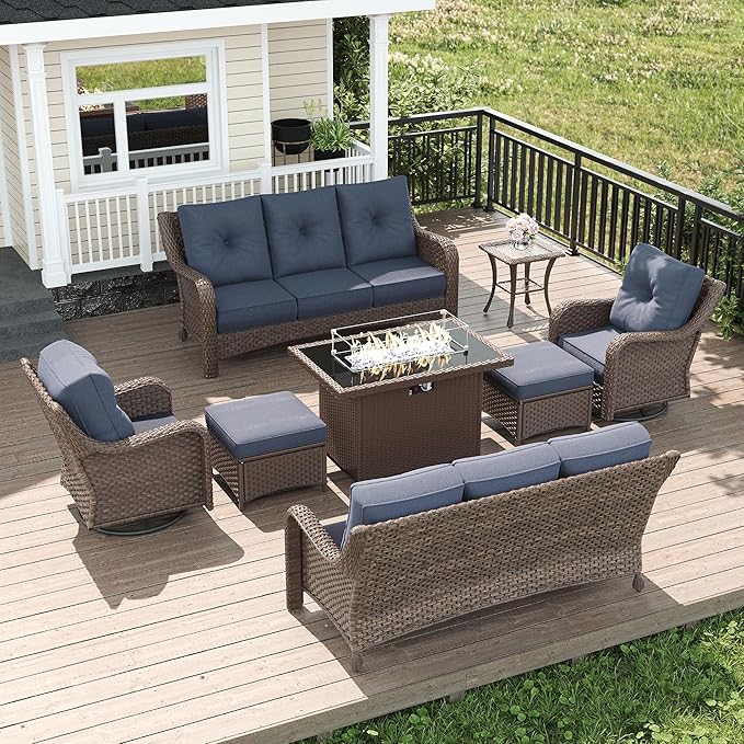 LayinSun 8 Piece Wicker Outdoor Furniture Set with 6-inch Comfy Cushions, High Back Patio Furniture Set with Swivel Rocking Chairs and Fire Pit Table