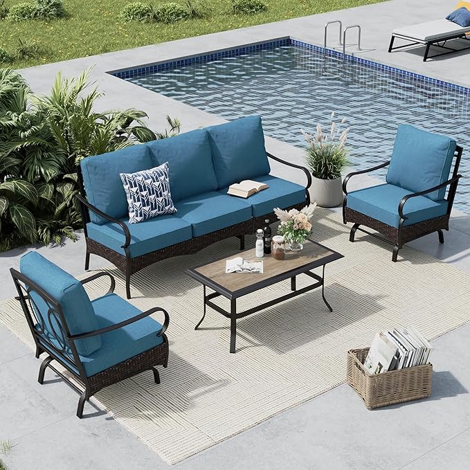 MFSTUDIO 4 Pieces Outdoor Patio Furniture Set, Metal Outdoor Conversation Set, Rattan Wicker Patio Sectional Sofa Set with 2 x Rocking Single Sofa, 3-Seat Sofa, 1 x Coffee Table, Navy Blue
